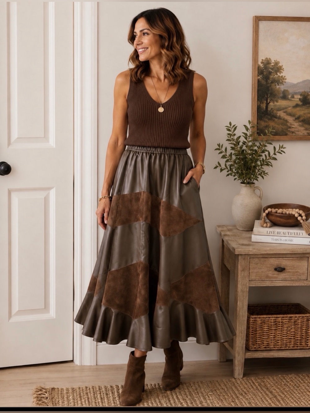 Terry Lewis Classic Luxuries Genuine Leather & Suede Brown Skirt 12P